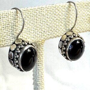 VTG Sterling Silver 925 Black Onyx Bezel Set Beaded Border Dangle Earrings